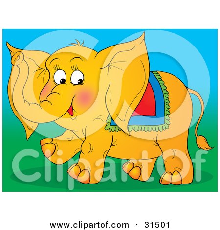 Clipart Illustration of a Friendly Orange Circus Elephant With A Blanket On Its Back, Walking On Grass, On A White Background by Alex Bannykh