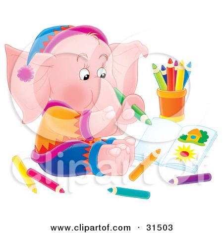 Clipart Illustration of an Artistic Pink Elephant Sitting On The Floor And Drawing Pictures With Colored Pencils, On A White Background by Alex Bannykh