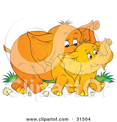 Clipart Illustration of a Cute Baby Elephant Walking With Its Mother, On A White Background by Alex Bannykh