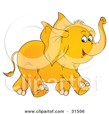Clipart Illustration of a Happy Baby Elephant With Big Ears, Running And Holding Its Trunk Up, On A White Background by Alex Bannykh
