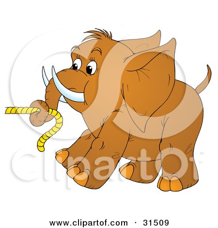 Clipart Illustration of a Cute Brown Elephant With Tusks, Pulling On Rope With Its Trunk, On A White Background by Alex Bannykh