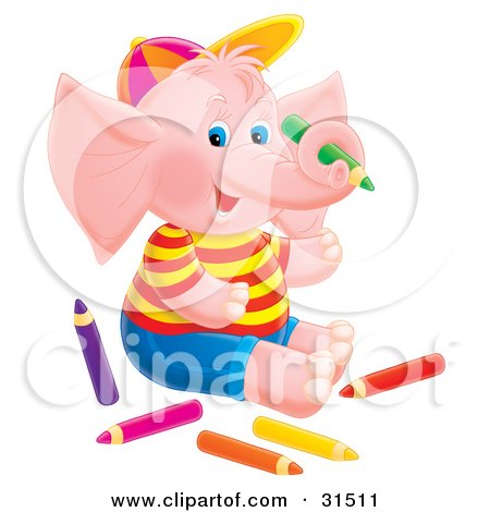 Clipart Illustration of a Cute Pink Elephant Sitting On The Floor, Surrounded By Colored Pencils, On A White Background by Alex Bannykh