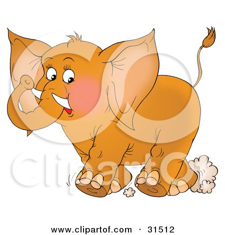 Clipart Illustration of a Cute Brown Elephant With Tusks, Running And Stirring Up Dust, On A White Background by Alex Bannykh