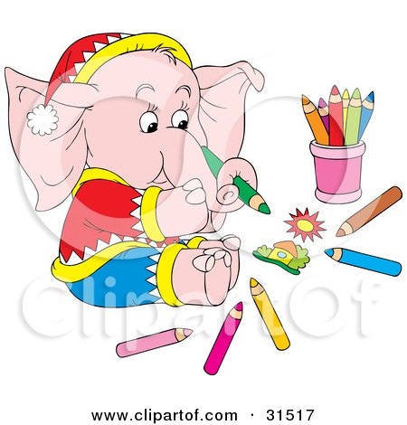 Clipart Illustration of a Pink Elephant Dresed In Clothes And A Hat, Sitting On The Floor And Drawing A Picture With Colored Pencils, On A White Background by Alex Bannykh