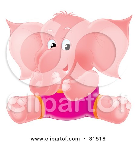 Clipart Illustration of a Pink Elephant In Pink Shorts, Sitting On The Ground And Giggling, On A White Background by Alex Bannykh