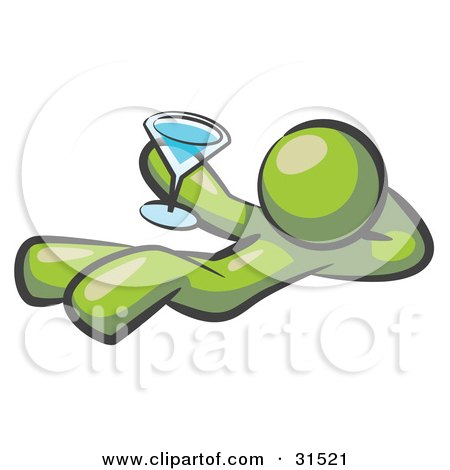 Clipart Illustration of an Olive Green Man Kicking Back And Relaxing With A Martini Beverage by Leo Blanchette