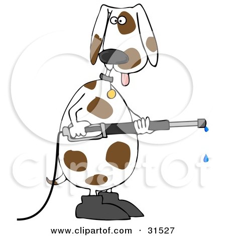 Clipart Illustration of a White And Brown Spotted Dog Wearing Boots, Standing Up On His Hind Legs And Operating A Power Washer by djart