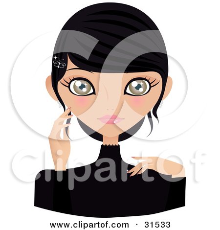 Clipart Illustration of a Pretty Hazel Eyed Black Haired Woman With A Butterfly Clip In Her Hair, Touching Her Cheek And Facing Front by Melisende Vector