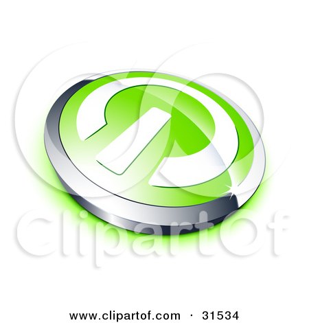 Clipart Illustration of a White Power Symbol On A Green Electronics Button, Bordered By Chrome, With A Green Shadow by beboy