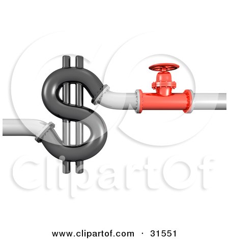 Clipart Illustration of a Red 3d Shut Off Valve Near A Black Pipe In The Shape Of A Dollar Symbol, Symbolizing Wasting Money, Plumbing Costs And Debt by Frog974