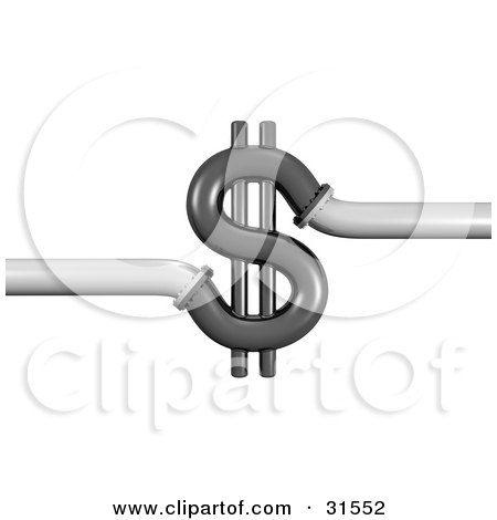 Clipart Illustration of Black 3d Piping In The Shape Of A Dollar Symbol, Leading Off In Two Different Directions, Symbolizing Wasting Money, Plumbing Costs And Debt by Frog974