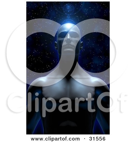 Clipart Illustration of a Man Facing Front Against A Starry Universe With A Blue Flare Above His Head, Symbolizing Meditation And Knowledge by Tonis Pan
