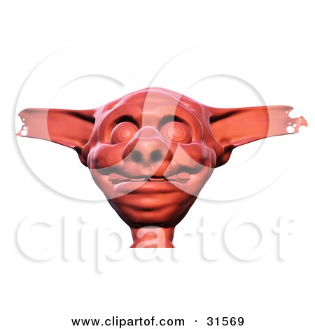 Clipart Illustration of a Grinning Red Sculpted Goblin Head With Torn Ears by Tonis Pan