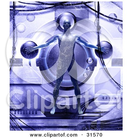 Clipart Illustration of a Strong Male Body Attached To A Futuristic Machine, Symbolizing Medical Research, Health And Well Being by Tonis Pan