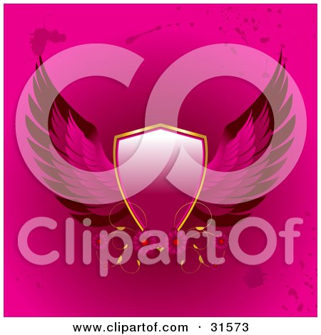 Clipart Illustration of a Heraldic Pink Shield With Wings, Vines And Flowers, On A Pink Background With Grunge Splatters by elaineitalia