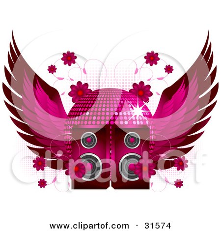 Clipart Illustration of Two Speakers With Flowers And Vines, In Front Of A Pink Winged Disco Ball by elaineitalia