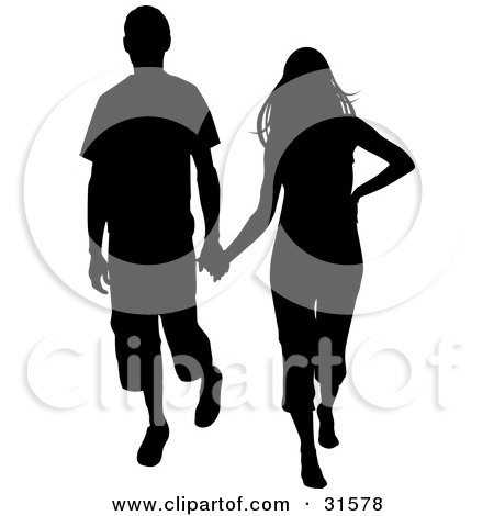 Clipart Illustration of a Young Couple Walking And Holding Hands, Silhouetted In Black by elaineitalia