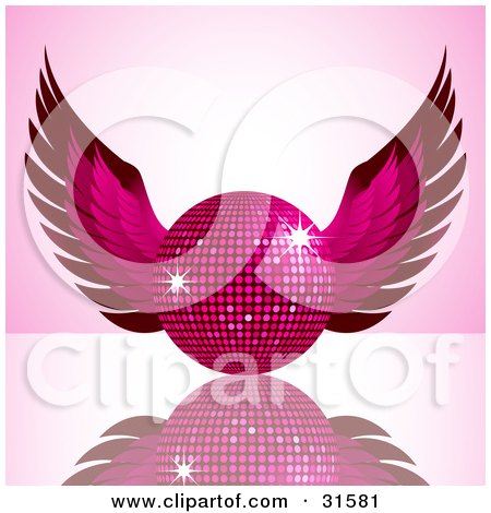 Clipart Illustration of a Sparkling Pink Winged Disco Ball On A Gradient Pink Background A Reflective Surface by elaineitalia
