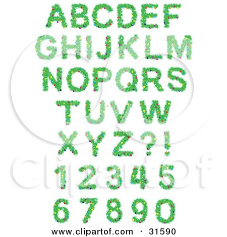 Clipart Illustration of a Font Set Of Christmas Tree Branches With Colorful Baubles, Including Letters, Numbers And Punctuation by Alex Bannykh