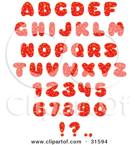 Clipart Illustration of a Red Font Set Of Numbers, Letters And Punctuation Marks With Orange Spots by Alex Bannykh