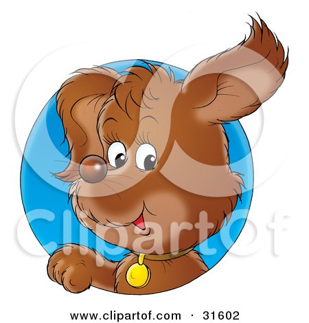 Clipart Illustration of a Cute Brown Puppy Dog Wearing A Collar, Looking Through A Blue Circle by Alex Bannykh