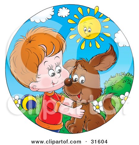 Clipart Illustration of a Happy Sun Watching A Little Boy Hug His Dog by Alex Bannykh