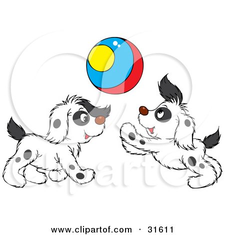Clipart Illustration of Two Spotted Puppies Playing With A Colorful Ball by Alex Bannykh