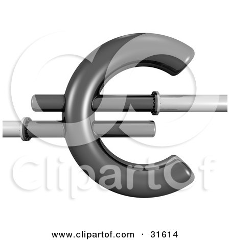 Clipart Illustration of Black 3d Piping In The Shape Of A Euro Symbol, Leading Off In Two Different Directions, Symbolizing Wasting Money, Plumbing Costs And Debt by Frog974