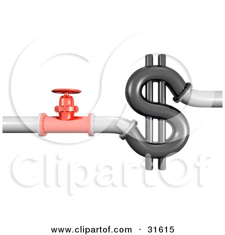 Clipart Illustration of 3d Piping And A Red Shut Off Valve Near A Dollar Sign, Symbolizing Wasting Money, Plumbing Costs And Debt by Frog974