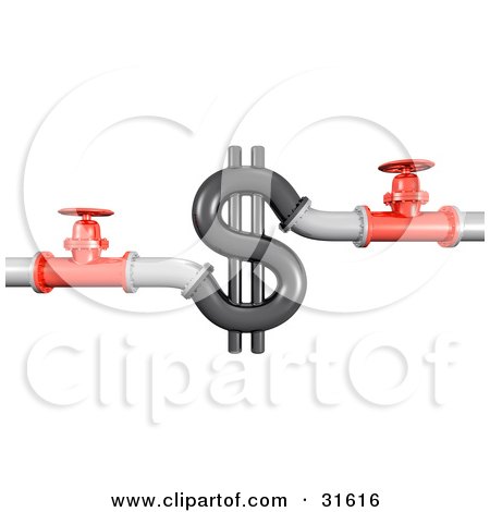 Clipart Illustration of 3d Piping And Shut Off Valves On Both Sides Of A Dollar Sign, Symbolizing Wasting Money, Plumbing Costs And Debt by Frog974