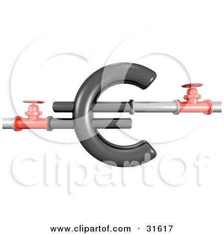 Clipart Illustration of 3d Piping And Shut Off Valves On Both Sides Of A Euro Sign, Symbolizing Wasting Money, Plumbing Costs And Debt by Frog974