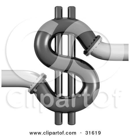 Clipart Illustration of 3d Piping Connected To A Dollar Sign, Symbolizing Wasting Money, Plumbing Costs And Debt by Frog974
