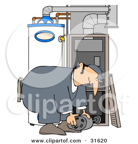 Clipart Illustration of a White Furnace Repair Man Bending Over While Working On A Piece by djart