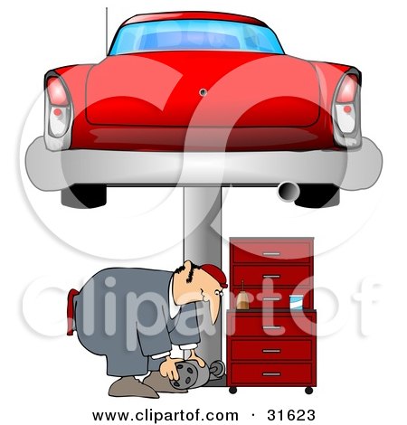 Clipart Illustration of a Male Mechanic Bending Over To Lift A Part While Working Under A Red Classic Car On A Lift In A Garage by djart