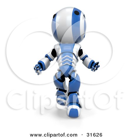 Clipart Illustration of a Blue AO-Maru Robot Running Forward And Looking Up In Amazement by Leo Blanchette