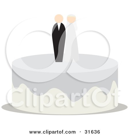 Clipart Illustration of a Bride And Groom On Top Of A Wedding Cake With Silver And Beige Icing by PlatyPlus Art