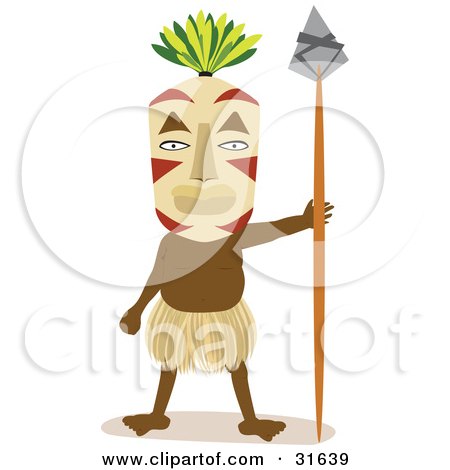 Clipart Illustration of a Tribal Man In A Grass Skirt And Mask, Facing Front And Holding A Spear by PlatyPlus Art