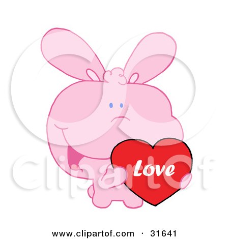 Clipart Illustration of a Cute Pink Bunny Holding Up A Red Heart Valentine by Hit Toon