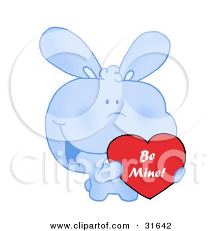 Clipart Illustration of a Cute Blue Bunny With Blushed Cheeks, Holding Up A Red Heart Valentine by Hit Toon