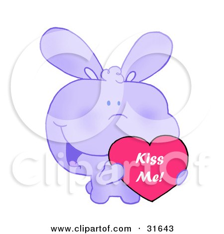 Clipart Illustration of a Cute Purple Bunny With Blushed Cheeks, Holding Up A Red Heart Valentine by Hit Toon