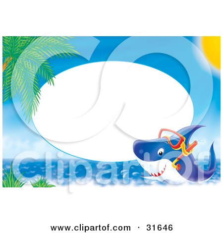 Clipart Illustration of a Stationery Border Or Frame With A Snorkeling Shark Near A Tropical Beach by Alex Bannykh