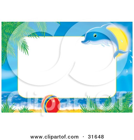 Clipart Illustration of a Dolphin Leaping In Front Of The Sun, Over A Ball On A Tropical Beach With A Blank White Rectangle For A Photo Or Text by Alex Bannykh