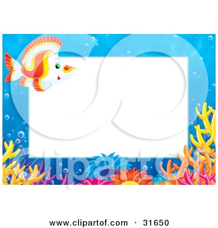 Clipart Illustration of a Stationery Border Or Frame Of Colorful Corals And A Yellow, Red And White Marine Fish by Alex Bannykh