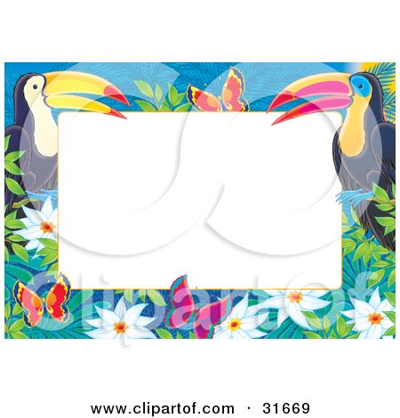 Clipart Illustration of a Stationery Border Or Frame Of Two Toucans, Flowers And Butterflies by Alex Bannykh