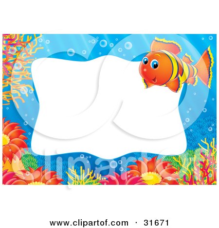 Clipart Illustration of a Stationery Border Or Frame Of An Orange And Yellow Clownfish, Sea Anemones And Corals Underwater by Alex Bannykh