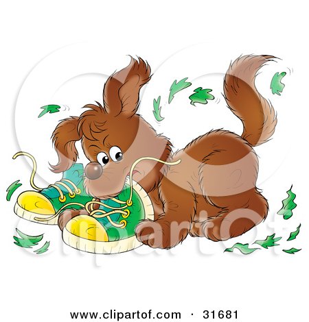 Clipart Illustration of a Bad Puppy Chewing Up A Pair Of Green Shoes by Alex Bannykh