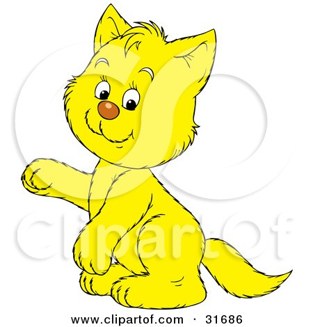 Clipart Illustration of a Cute Yellow Kitty Cat Sitting Up On Its Hind Legs, Raising One Paw by Alex Bannykh