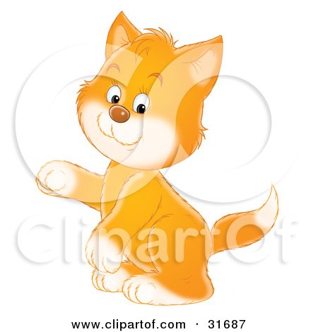 Clipart Illustration of a Ginger Kitten With White Paws And Cheeks, Sitting Up On His Hind Legs And Holding One Paw Up by Alex Bannykh