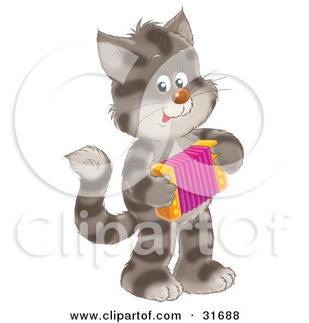 Clipart Illustration of a Striped Kitty Cat Standing On Its Hind Legs, Playing An Accordion by Alex Bannykh