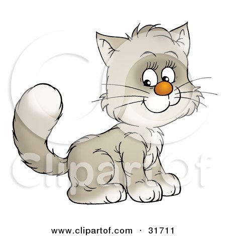 Clipart Illustration of an Adorable White And Gray Kitty Cat Sitting And Smiling by Alex Bannykh